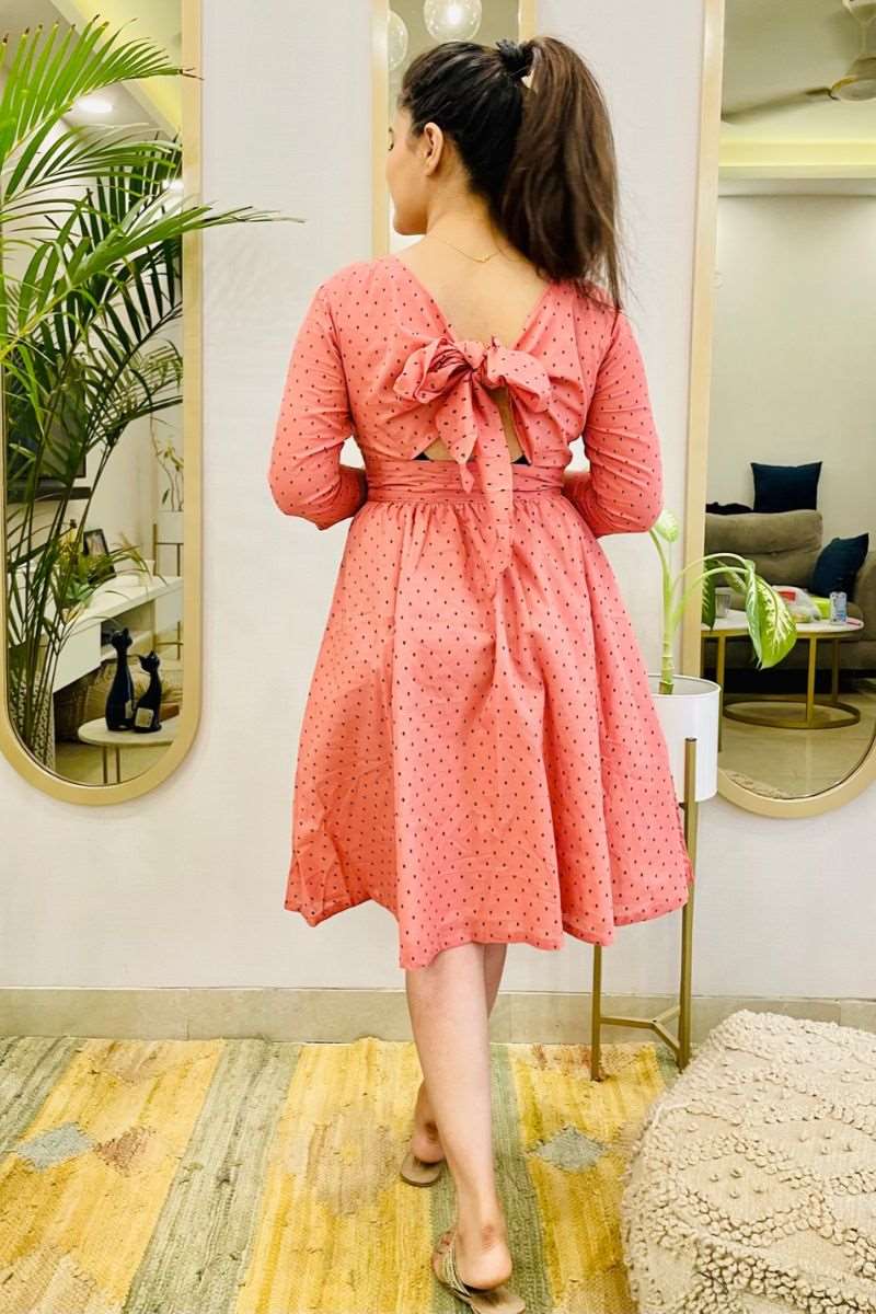 DAINTY EMBROIDERED BOW-BACK FLARED DRESS