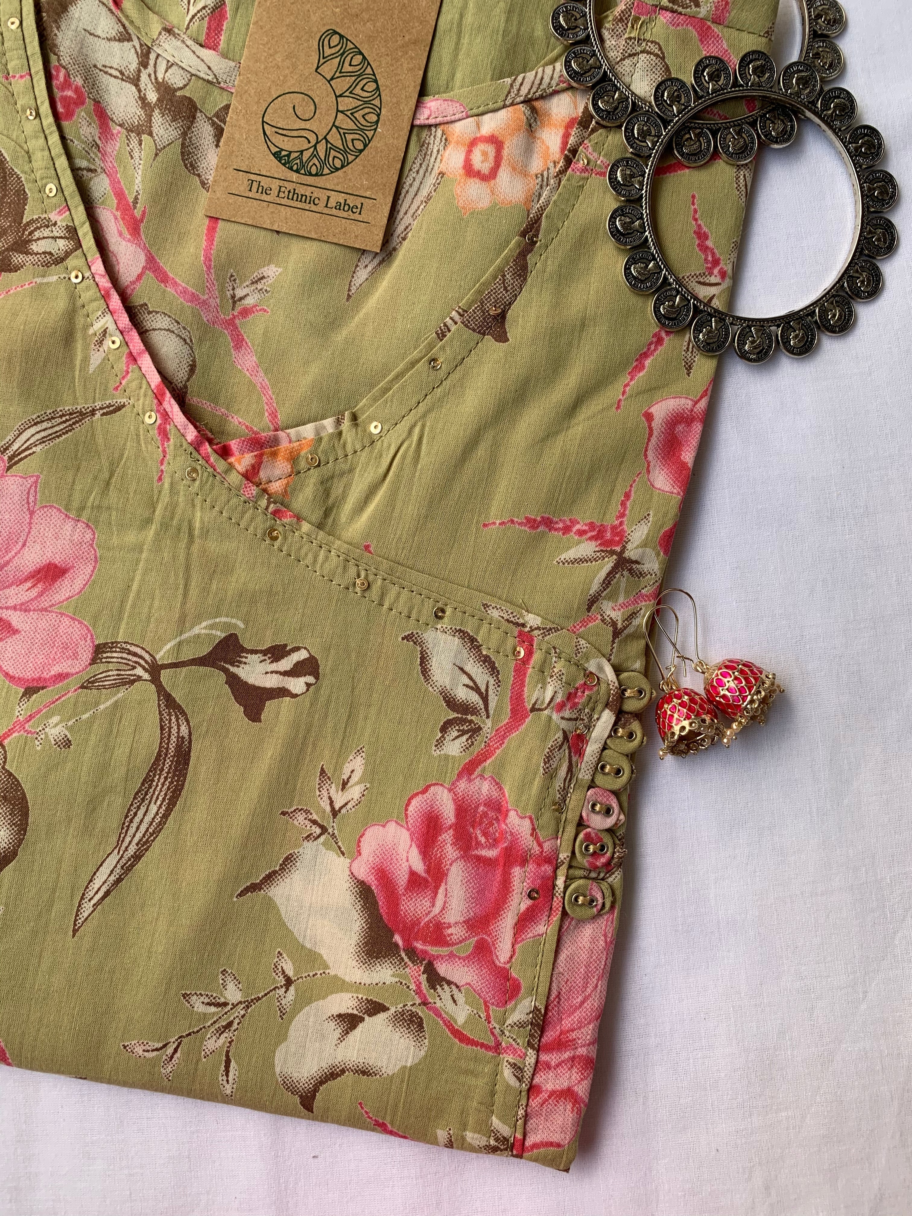 Green Pink Carnation Flora Angrakha Cotton Kurta