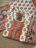 White Orange Block Print Cotton Suit Set