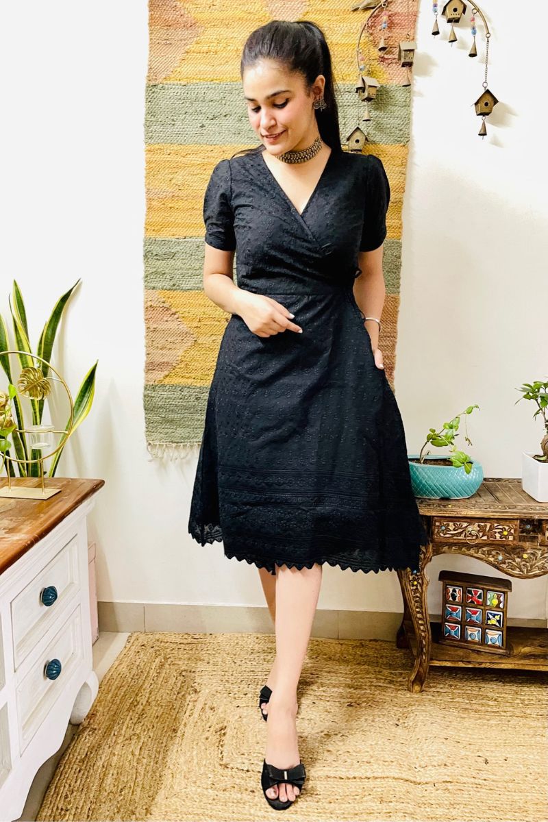 BLACK EMBROIDERED WRAP DRESS